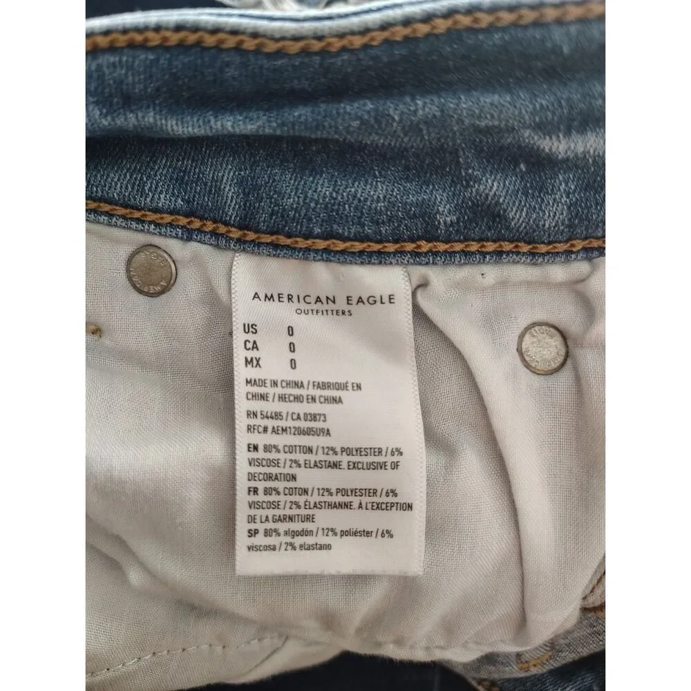 American Eagle Hi Rise Shortie Distressed Denim Shorts Size 0 Stretch Jean